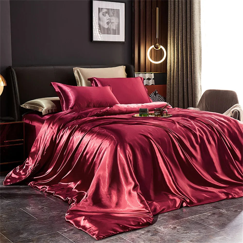 Solid Silk Bedding Set with Duvet Cover Bed Sheet Pillowcases Luxury Satin Single Double Bedsheet King Queen Twin Size