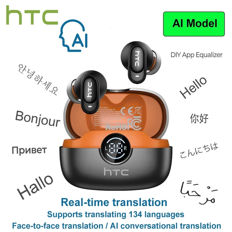 HTC NE79 Real Time Translation Earphone Bluetooth HiFi Music HD Call Noise Reduction Wireless Earbud LED Display With Mic