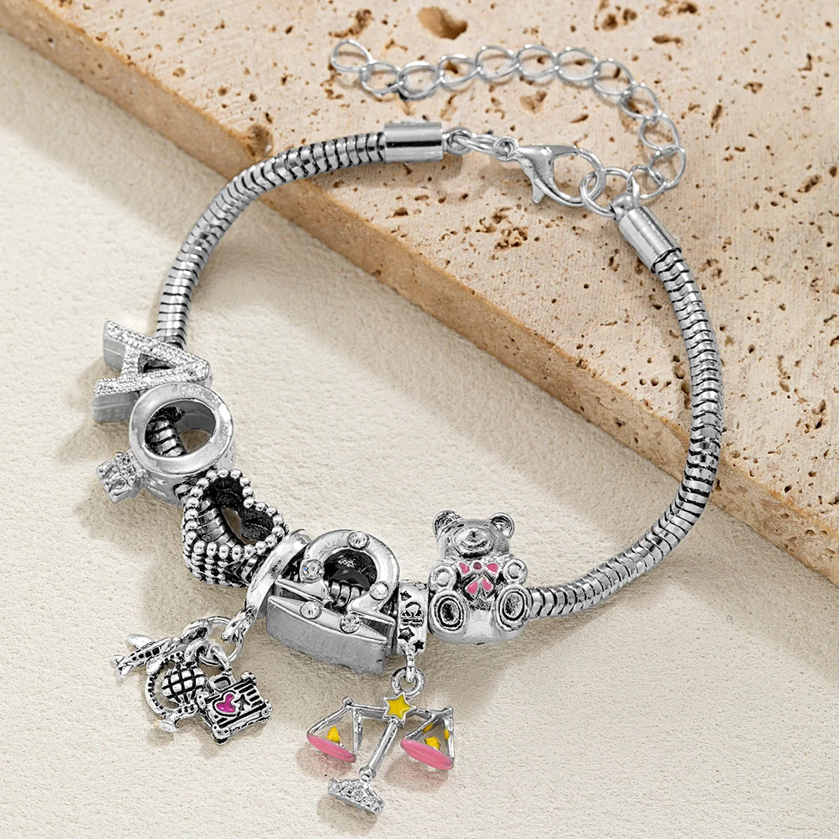 Fashionable Multi Element Cute Bear Libra Pendant Zircon Love Letter Necklace Bracelet Versatile Women's Jewelry Set