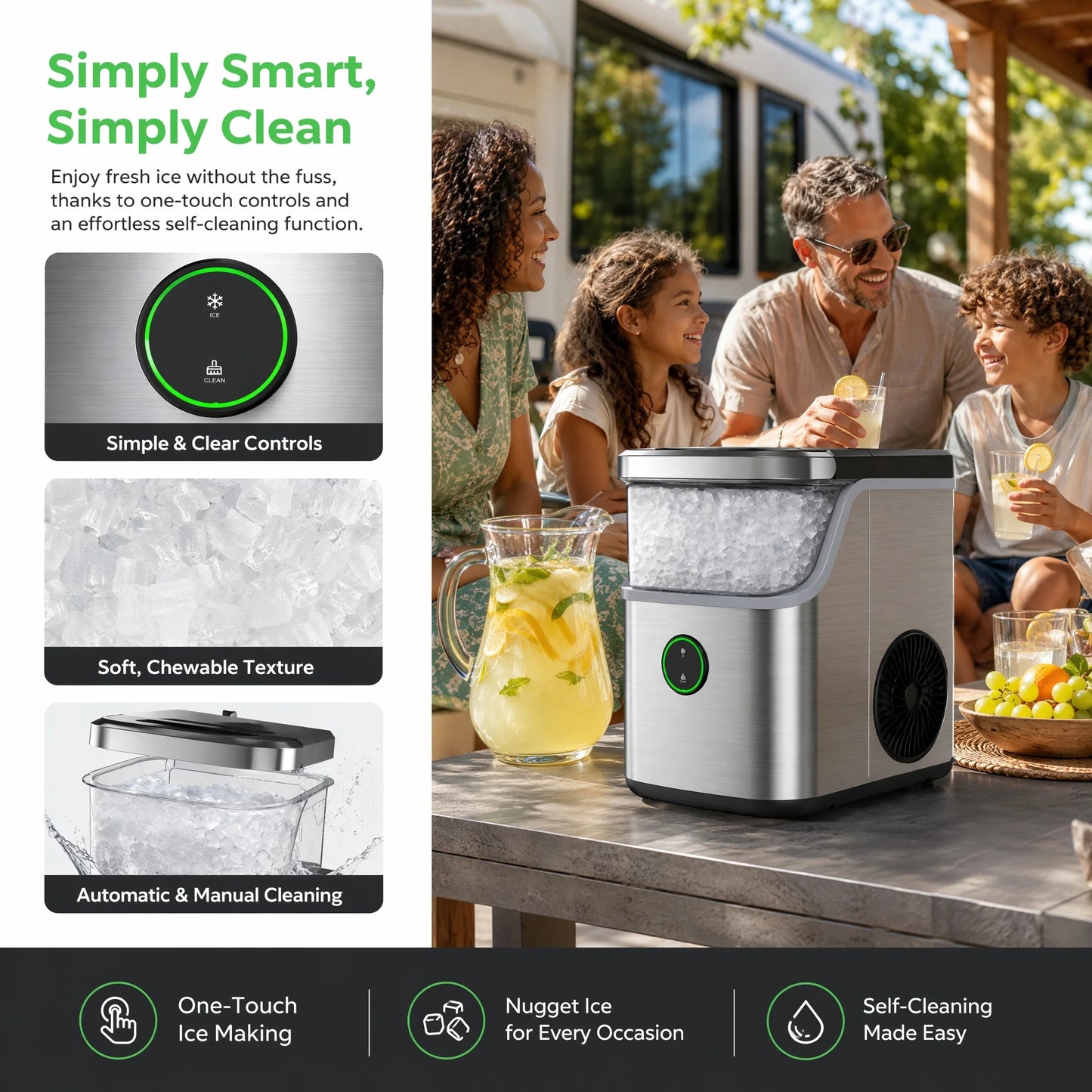 Nugget Ice Maker Countertop, Ice Basket with Handle, Quiet Operation & Self Cleaning Ice Machine, Chewable Ice, 33 Lbs/24H, Portable Pellet Ice Maker with Scoop for Home, Kitchen and Office