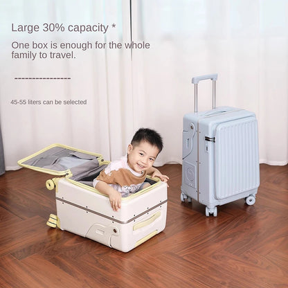 New Suitcase for Children Can Sit 20/22/24 Inch Ride on Luggage Front Opening Sturdy Thickened Travel Suitcase with Cup Holder