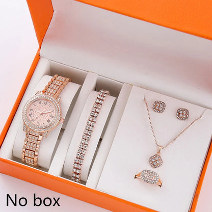 6Pcs/Set Women's Rhinestone Quartz Watch Set Fashion Wrist Watch & Jewelry Set Gift.▪
