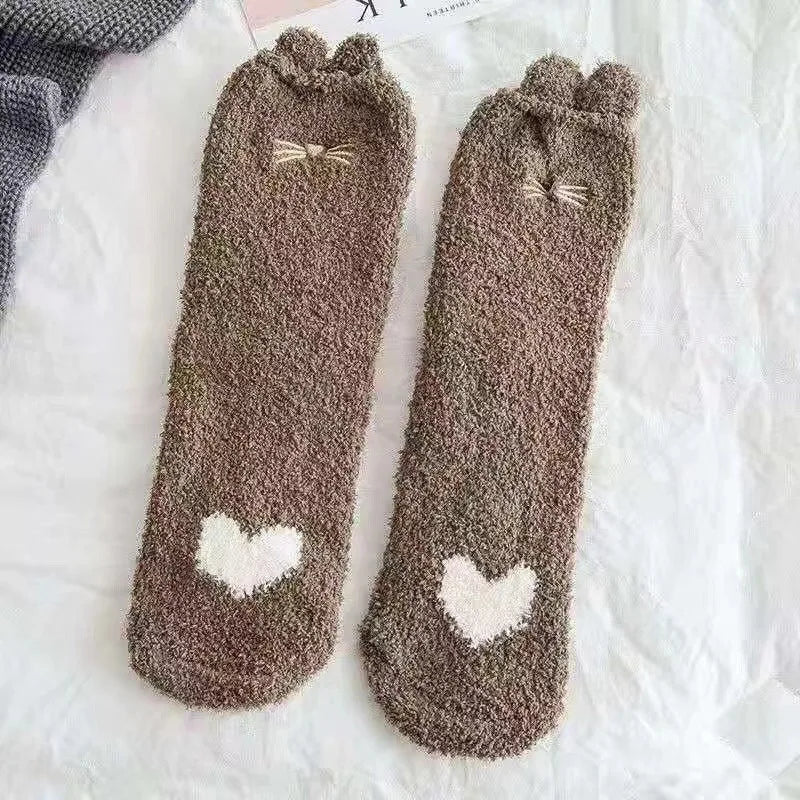 1 Pairs Warm & Fuzzy Cartoon Animal Socks, Crew Length Warm Coral Fleece Socks For Winter, Women's Stocking & Hosiery
