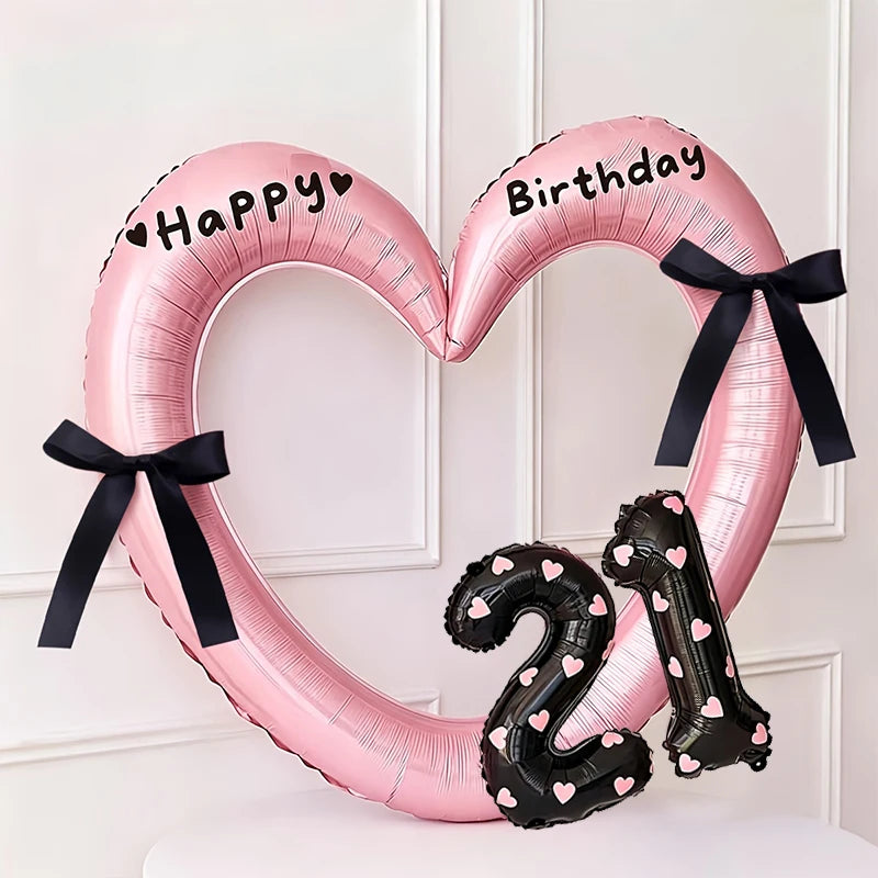 7Pcs 16inch Black Number Hollow-Out Heart Balloons and Heart Stickers Set, Includes 2 Number Balloons, 2 Stickers, 1 Glue Stick, 2 25cm Ribbons, for Birthday Parties, Wedding Anniversary Celebrations, Holiday Decorations
