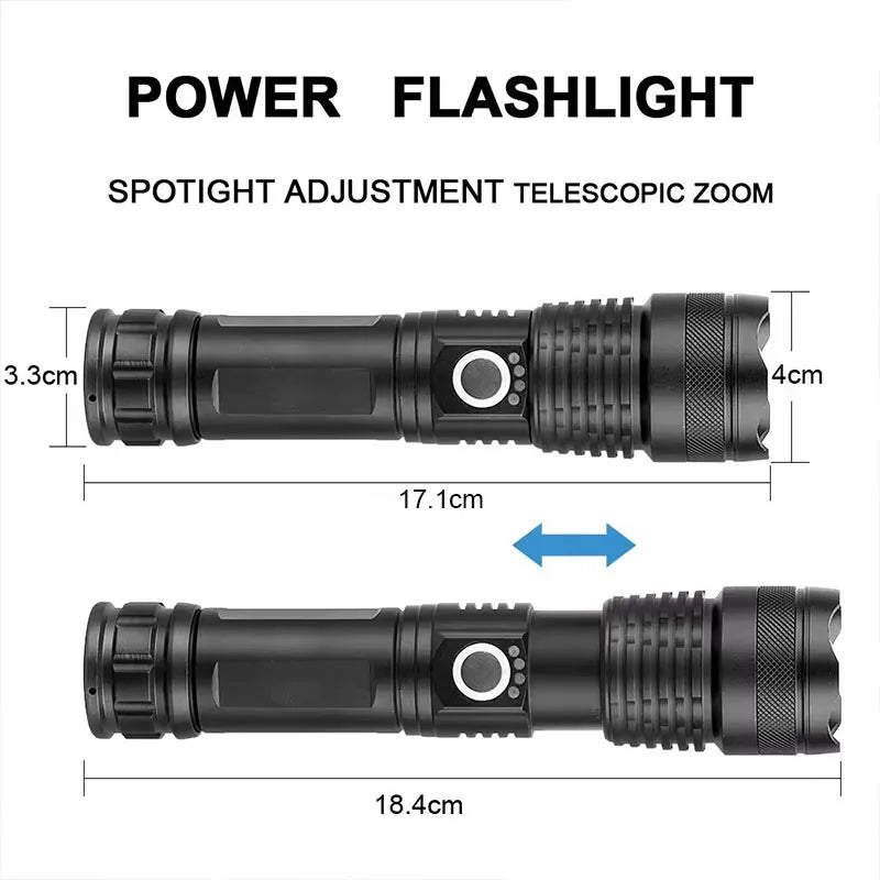High Power Rechargeable LED Tactical Flashlight  Aluminum Alloy Telescopic Zoom Torch Lamp for Outdoor Camping Fishing