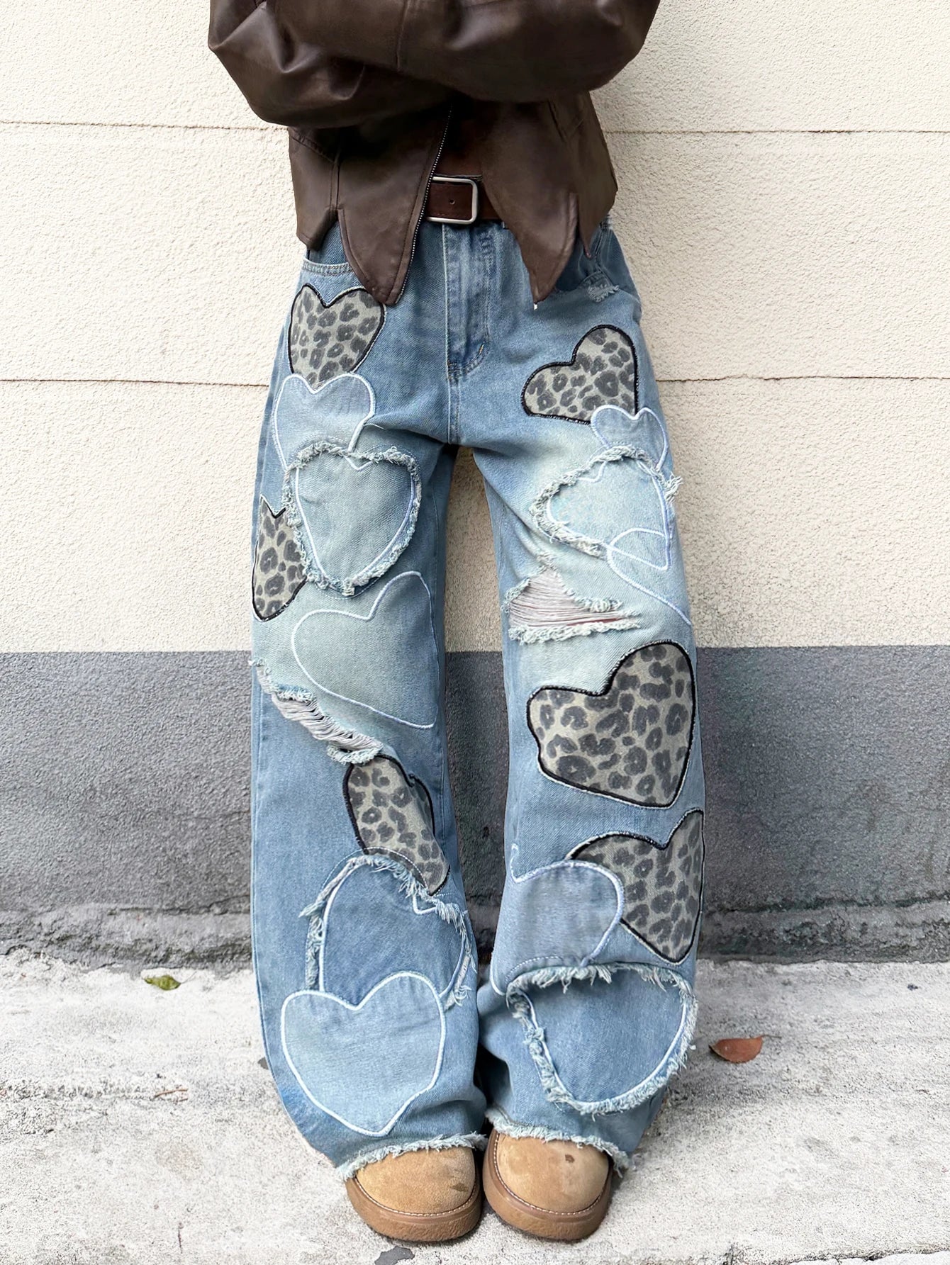 American Retro Heart-Shaped Leopard Print Patchwork Women's Loose High-Waisted Blue Wide-Leg Jeans, Street Fashion Niche Design Versatile Trousers