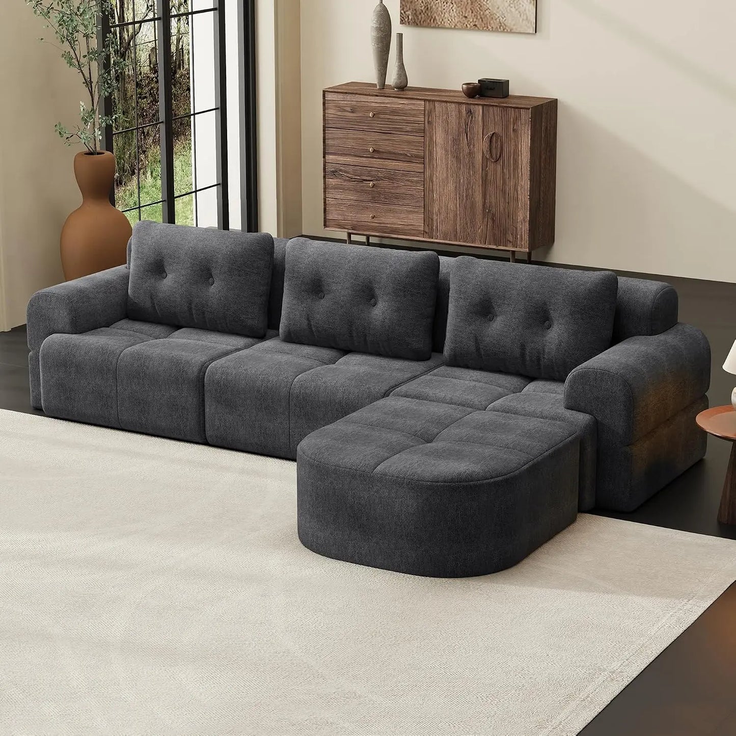 110" Boneless Chenille Cloud Sofa with Chaise, 4 Seater L-Shaped Modular Sectional for Living Room, Beige-White, Customized