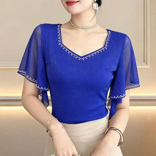 Summer New Diamond Shirt Short Sleeved Mesh Tops Slim Korean Fashion