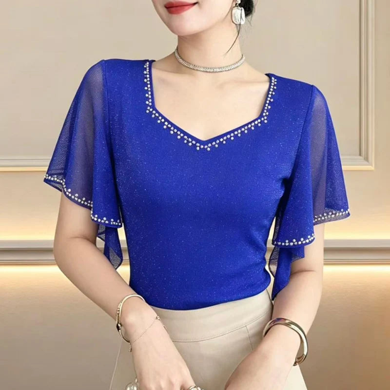 2026 Summer New Diamond Shirt Short sleeved Mesh Tops Slim Korean Fashion Bright Silk Women T Shirt