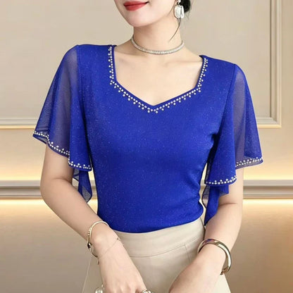 2026 Summer New Diamond Shirt Short sleeved Mesh Tops Slim Korean Fashion Bright Silk Women T Shirt