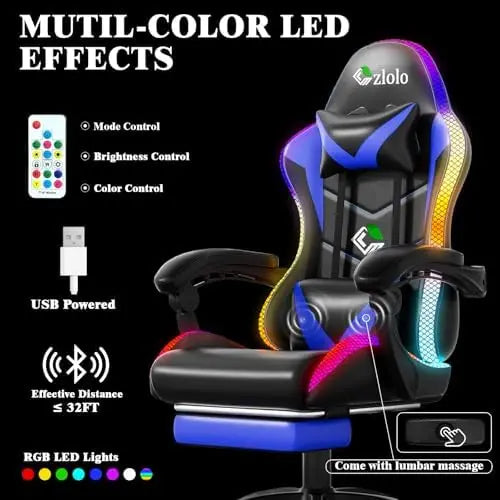 Gaming Chair, Racing Style RGB LED Lights Gaming Chairs for Adults and Kids, Lumbar Massager Gamer Chair, High Back