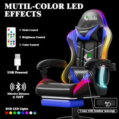 Gaming Chair, Racing Style RGB LED Lights Gaming Chairs for Adults and Kids, Lumbar Massager Gamer Chair, High Back