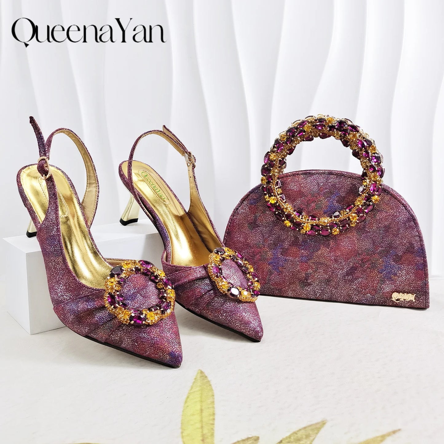 Multicolor Glitter Rhinestone Ring Handle Evening Clutch And Women High Heels Shoes Set Wedding Party Matching Bag