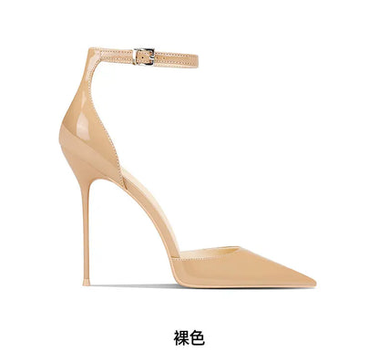 Wine Red Patent Leather High-Heeled Shoes for Women, New Style with Thin Heels and Pointed Toe, Straight Buckle Toe Shoes 33-46