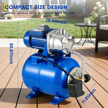 1.6HP Stainless Steel Shallow Well Jet Pump with Pressure Tank – 1320 GPH, 115V, 164 ft Lift, Automatic Water Booster for Home / Farm / Garden (Blue)