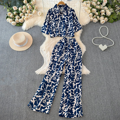 Beach Style Fashion Printed Women Pant Sets 2pcs Short Chiffon Shirts+Wide Leg Pants 2025 New Summer Casual Loose Female Suits