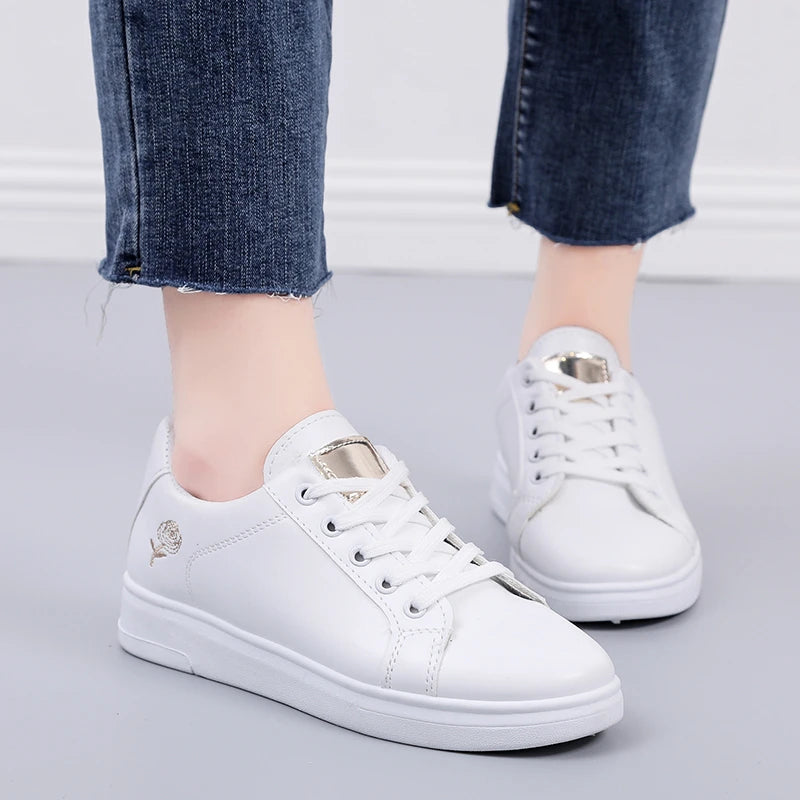 Women Leather Pu Casual Shoes New 2025 Woman Shoes Fashion Embroidered White Sneakers Breathable Flower Lace-Up Women Sneakers