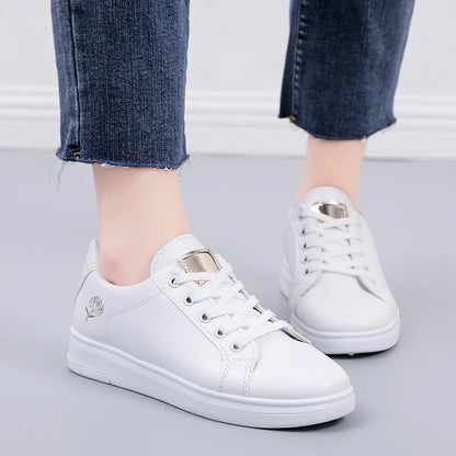 Women Leather Pu Casual Shoes New 2025 Woman Shoes Fashion Embroidered White Sneakers Breathable Flower Lace-Up Women Sneakers