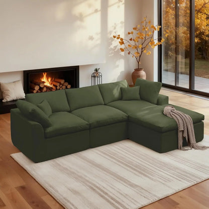 110" Modular Sectional Sofa with Ottoman, Deep Seat Fluffy Chenille L-Shape Couch for Living Room, Beige, Customized