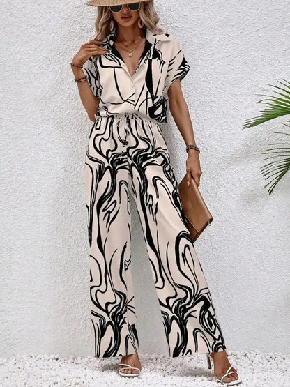Women's 2026 Fashionable Printed Short Sleeve Shirt And Elastic Waist Wide Leg Pants Suit Set Casual Daily Commuting Spring Wear