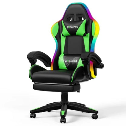 RGB gaming chair with footrest and lumbar massage for adult/kid, green fabric, ergonomic support and adjustable comfort