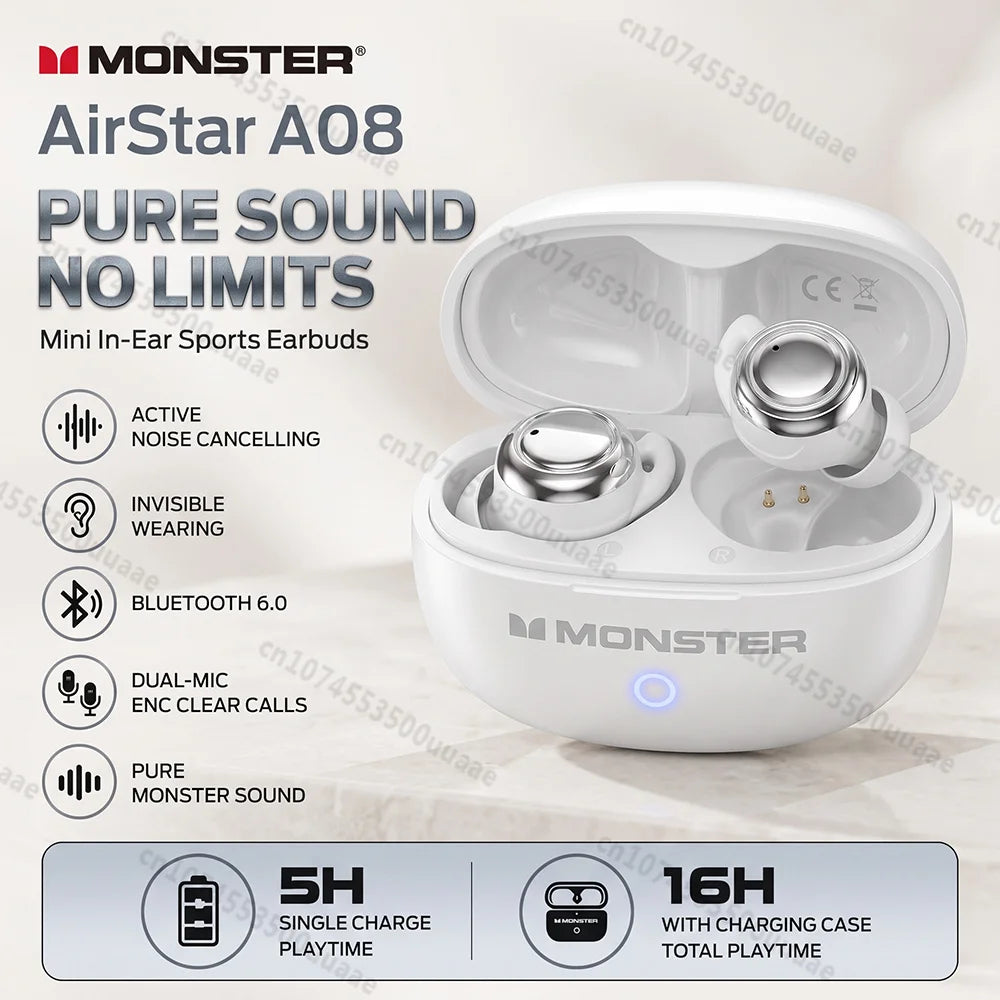 Monster A08 ANC Bluetooth 6.0 Earbuds Mini Invisible In-Ear Sports Ear Buds Active Noise Cancellation TWS Wireless Earphone