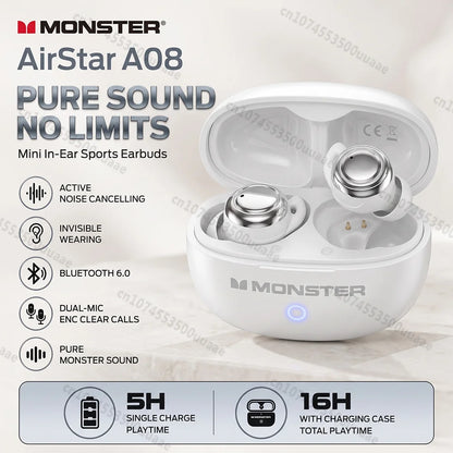 Monster A08 ANC Bluetooth 6.0 Earbuds Mini Invisible In-Ear Sports Ear Buds Active Noise Cancellation TWS Wireless Earphone