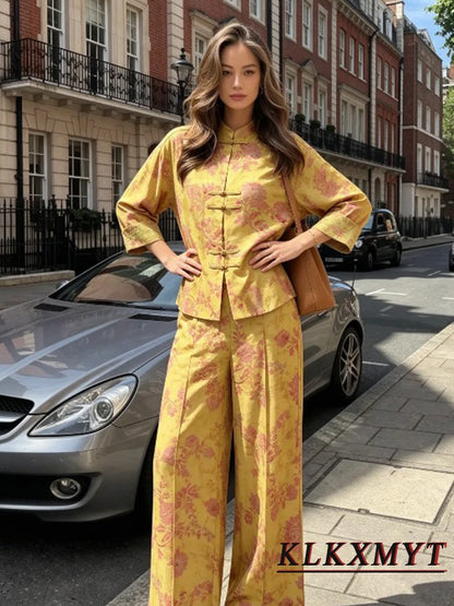 Women Fashion Flower Print Sets Sexy Long Sleeve Frog Button Decoration Top+Wide-Leg Pants Summer Autumn Vacation New 2 Pieces