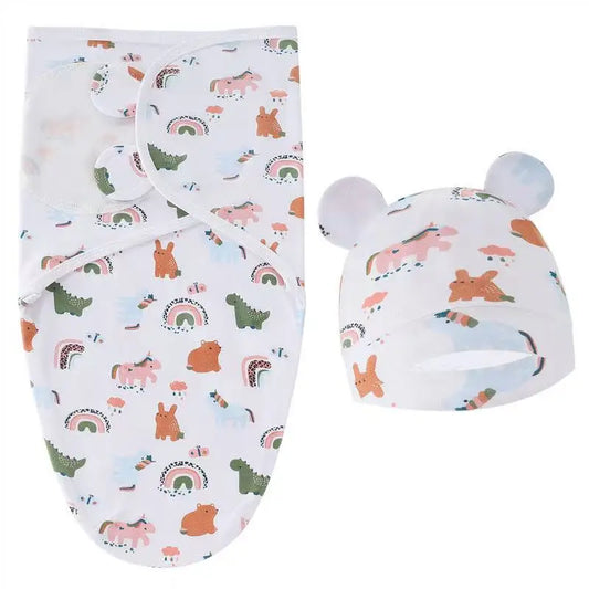 Baby Blanket Hat Set Cartoon Printed Cotton Newborn Swaddle Adjustable Infant Sleeping Swaddle Wraps All Seasons 0-6 Months