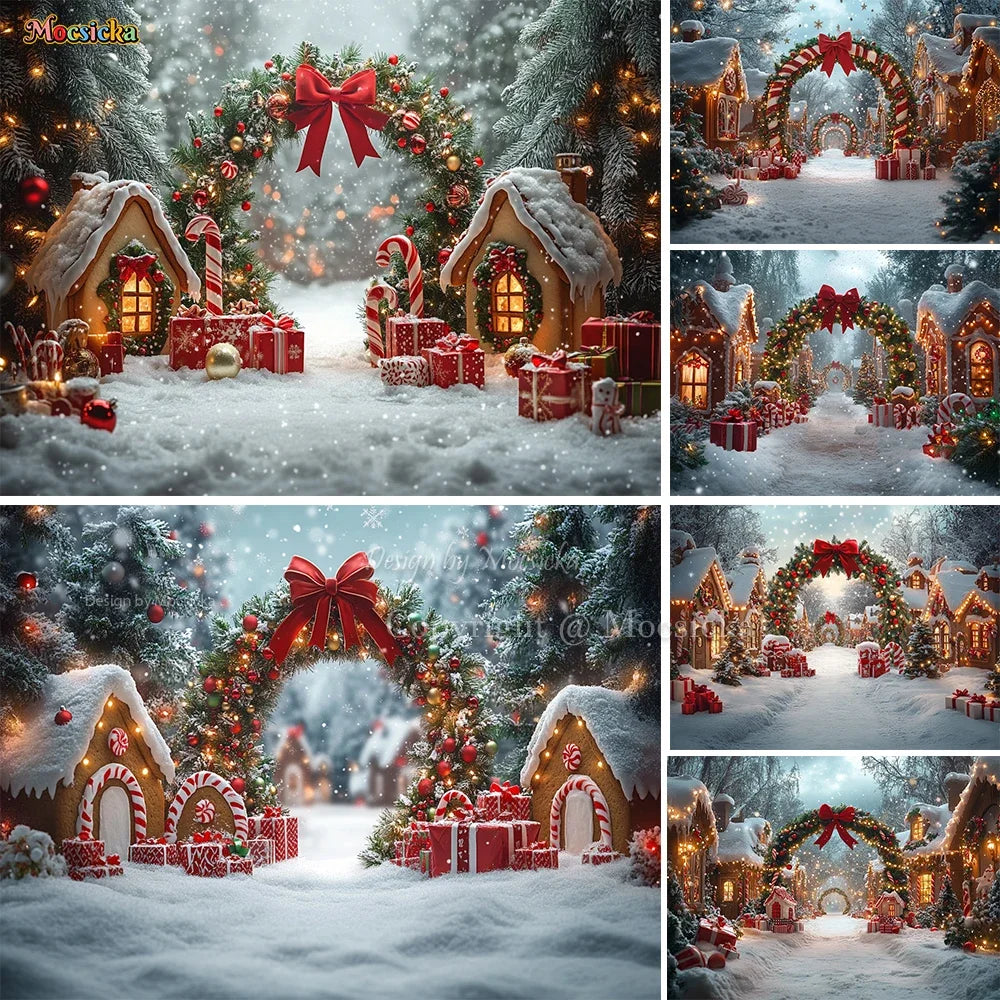 Christmas Gingerbread House Candy Vine Arch Theme Banner Background, Birthday Party, Home Decoration Photography Backdrop Cloth