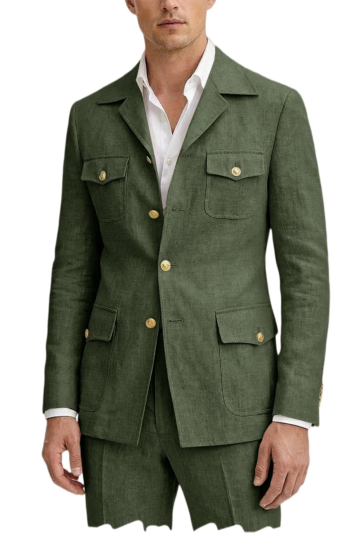 Men's Linen Suit 2 Piece Blazer Pants Set Multi-Pocket Safari Style Slim Fit Formal Business Casual Jacket Trousers for Summer