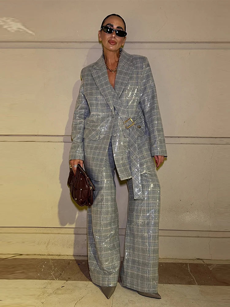 Elegant Sequin Stripe Lapel Neck Top Pant Sets Women Fashion Single Breasted Shine Ribbon Coat Leg Loose Pants Set Female Sets