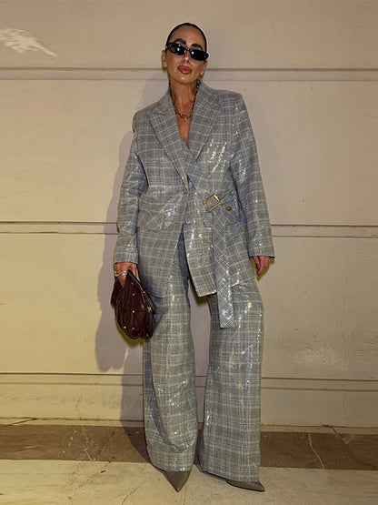 Elegant Sequin Stripe Lapel Neck Top Pant Sets Women Fashion Single Breasted Shine Ribbon Coat Leg Loose Pants Set Female Sets