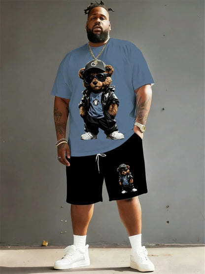 2026 Summer Men 2-Piece Set Fun Cartoon Bear Print Short-Sleeve T-Shirt and Shorts Set Sporty Style Plus Size Fashionable Outfit