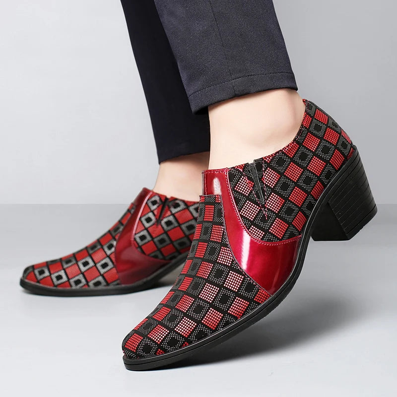 Red PU Leather Business Suit High Heels Men's Shoes Pointed Toe Slip-on Elegant Party Wedding Shoes Thick Sole Boots for Man