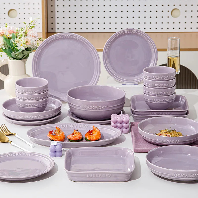 LingAo--Ceramic Purple Household High Appearance Level Solid Color Bowl, Plate, Soup Bowl, Tableware Set