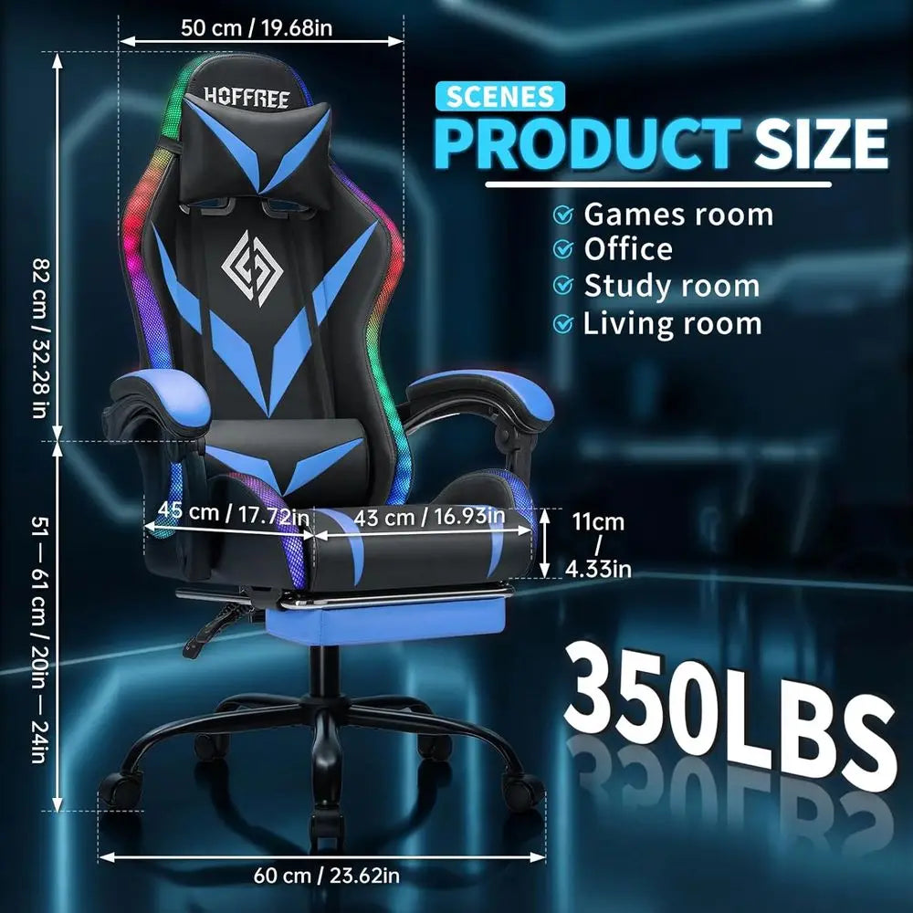 RGB Gaming Chair with Massage and LED Lights Ergonomic High Back Racing Style Reclining Computer Chair with ootrest Lumbar Suppo