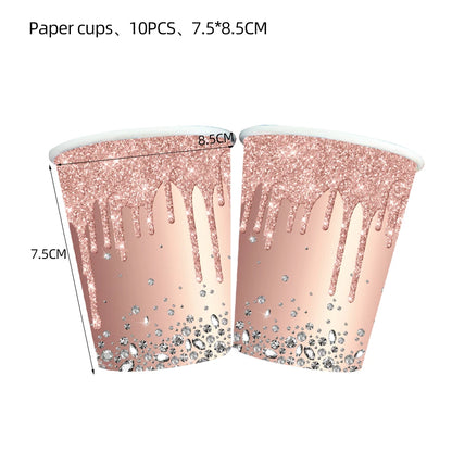 Rose Gold Party Supplies Disposable Tableware Set Diamond Glitter Paper Plate Cup Wedding Birthday Party Decoration Kid Balloons
