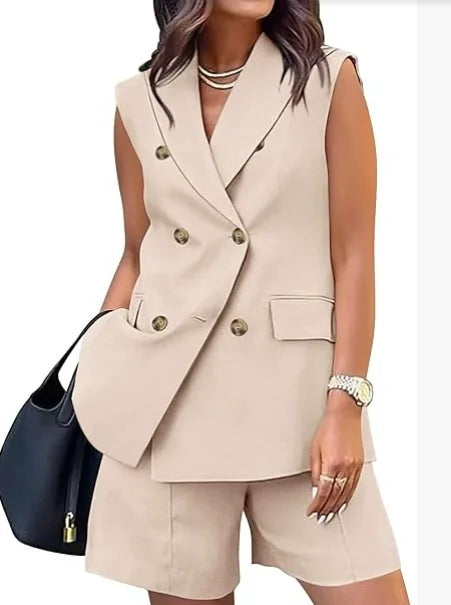Spring Summer Women Office Shorts Suit Set Solid Khaki Sleeveless Halter Outfit 2 Piece Matching Sets For Women 2025