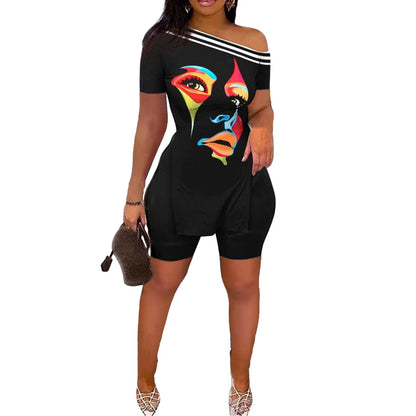 Print Two Piece Shorts Sets Women Skew Collar Short Sleeve Shirts Side Split Tops Pullover Elastic Waist Trousers Summer 2025