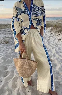 Summer Casual Shirts Two Piece Outfits 2 Pieces Set For Woman New In Matching Sets Blouse For Woman Temperament Vacation Printed