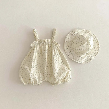 Korean-style summer baby girl thin strap floral jumpsuit hat, baby girl fashion strap jumpsuit, very suitable for travel wear