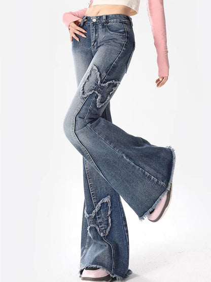Y2K Streetwear Bootcut Jeans Women Vintage Butterfly Tassel Casual Denim Pants Female Harajuku Spring Summer High Waist Trouser