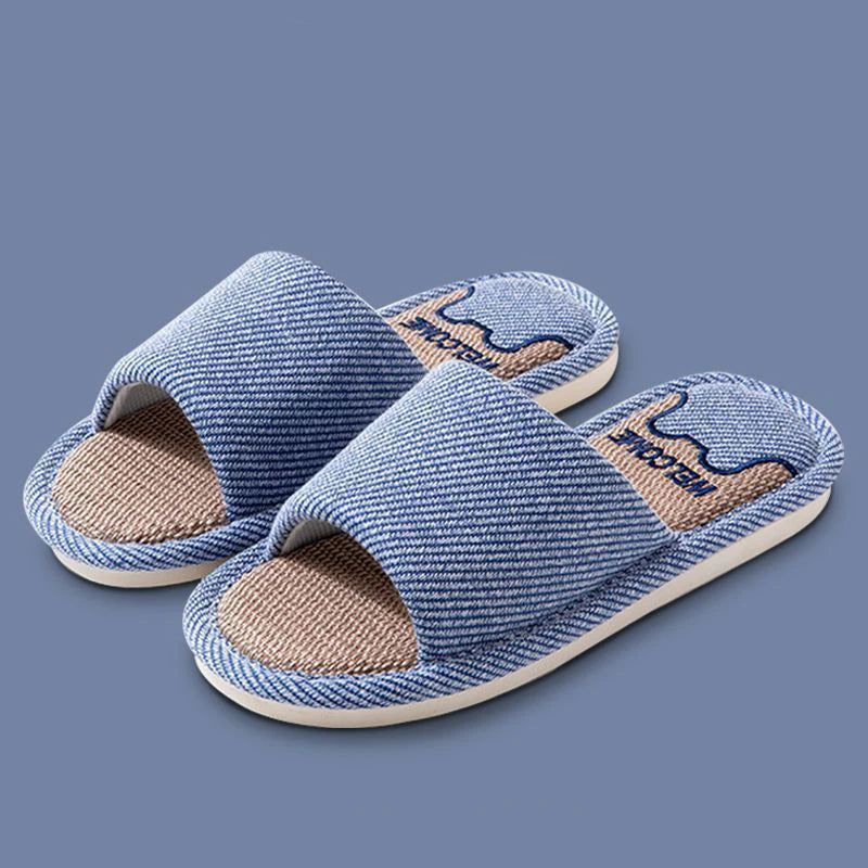 Women Linen Slippers Four Seasons Women Indoor Sandals Adults Cartoon Slides Couples Open toed Breathable Home Shoes