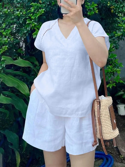 2025 ZANZEA Women's Short Sets Summer Lace Insert Short Sleeve V Neck T-shirt and Elastic Waist Shorts Casual 2-Pieces Suits