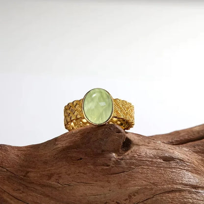 925 Sterling Silver Ring With Natural Prehnite Stone 8*10mm Oval Shape With Crystal Flower Design Gifts Fine Jewelry For Women