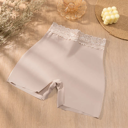 Giczi New Women's Lace Trim Panties Satin Seamless Safety Shorts Anti-Exposure Underwear Tummy Control Shaping Breathable Boxers