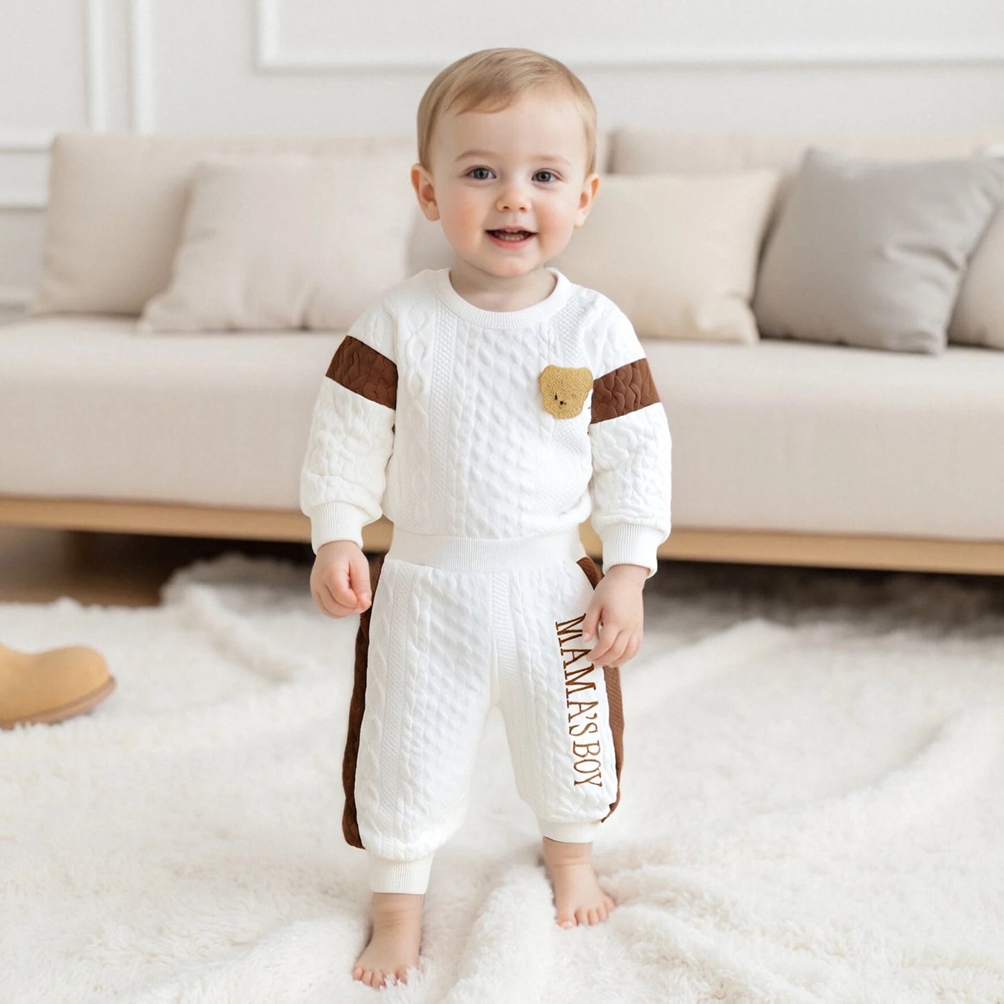 Baby Boy s Knit Outfits Fashionable Long Sleeve Bear Embroidery Textured Romper with Pants 2Pcs Set