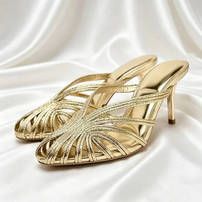 Gold Shiny Luxury Mules Heeled Sandals Women Weave Rome Heels for Ladies Banquet Dress Shoes Fashion Retro Slippers Women Slides
