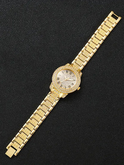 Ladies round Shell Embedded Quartz Watch Set with Floral Bracelet Necklace Ring Bracelet Earring - Festive Gift